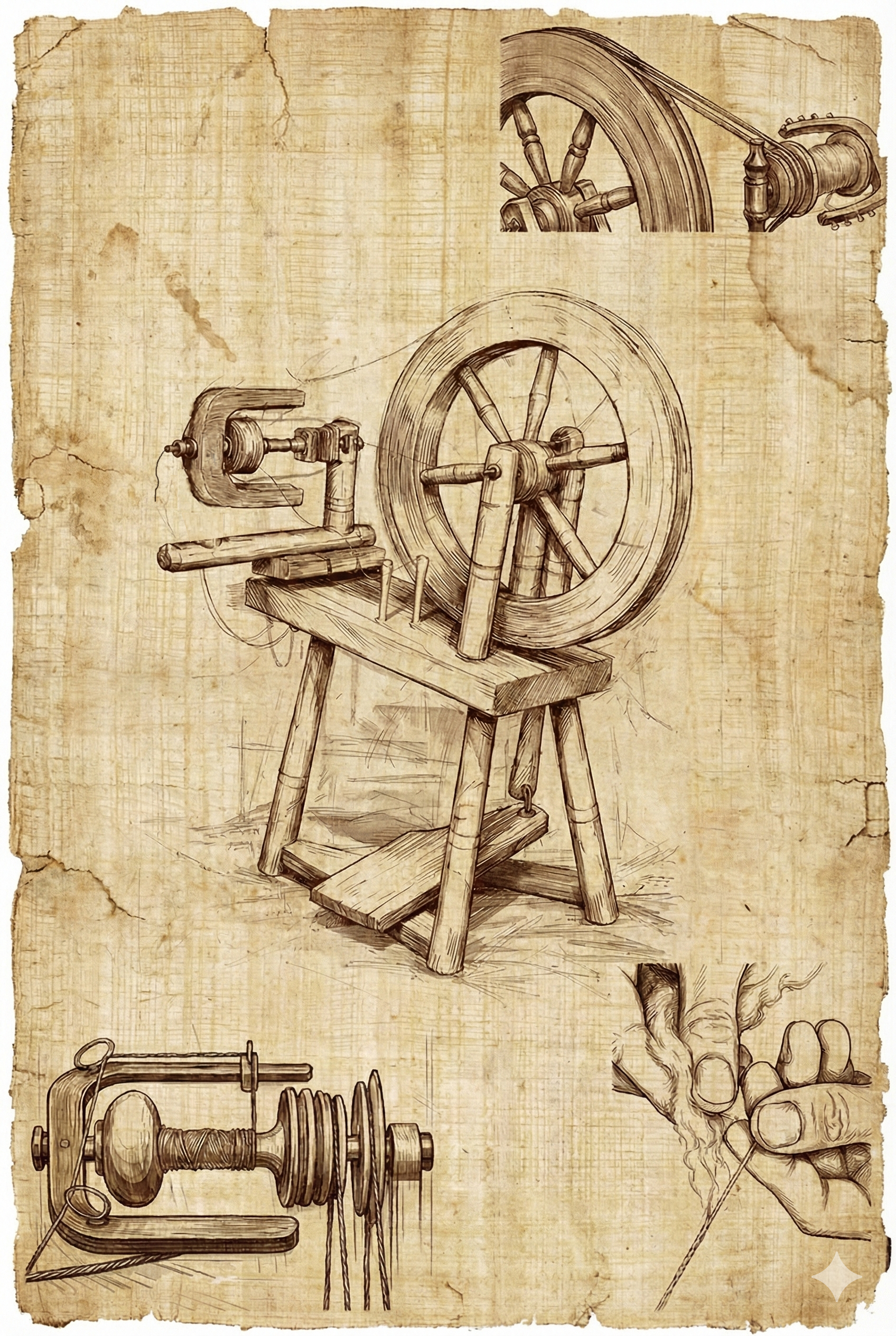 A detailed sketch of the first spinning wheel blueprint.