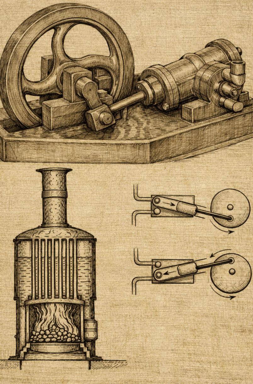 Technical drawing of the Picentian Steam Engine.