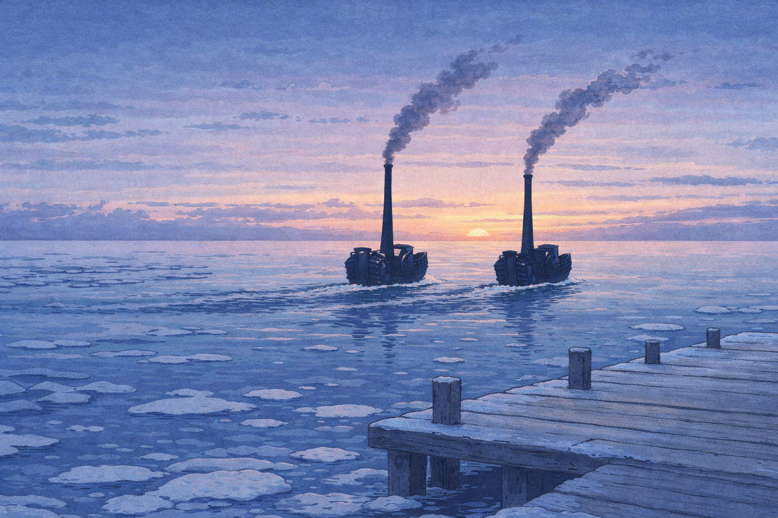 Two paddle-steamer boats with tall smokestacks sailing into the sunset on a calm sea.