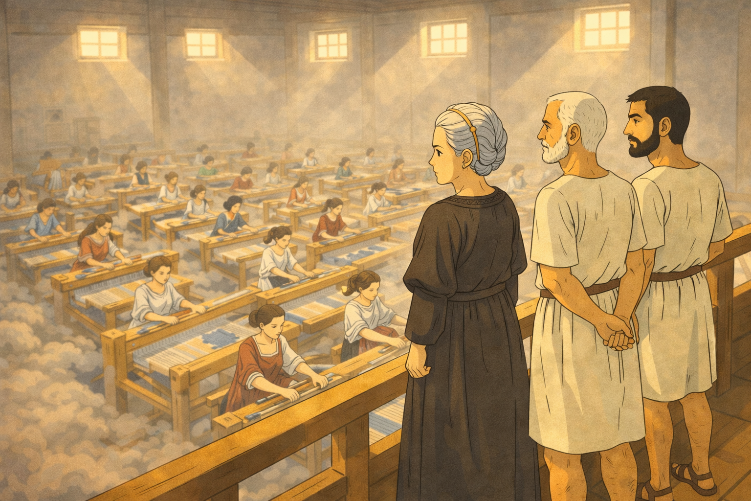A large-scale Roman weaving factory with rows of mechanized looms, overseen by Roman officials.