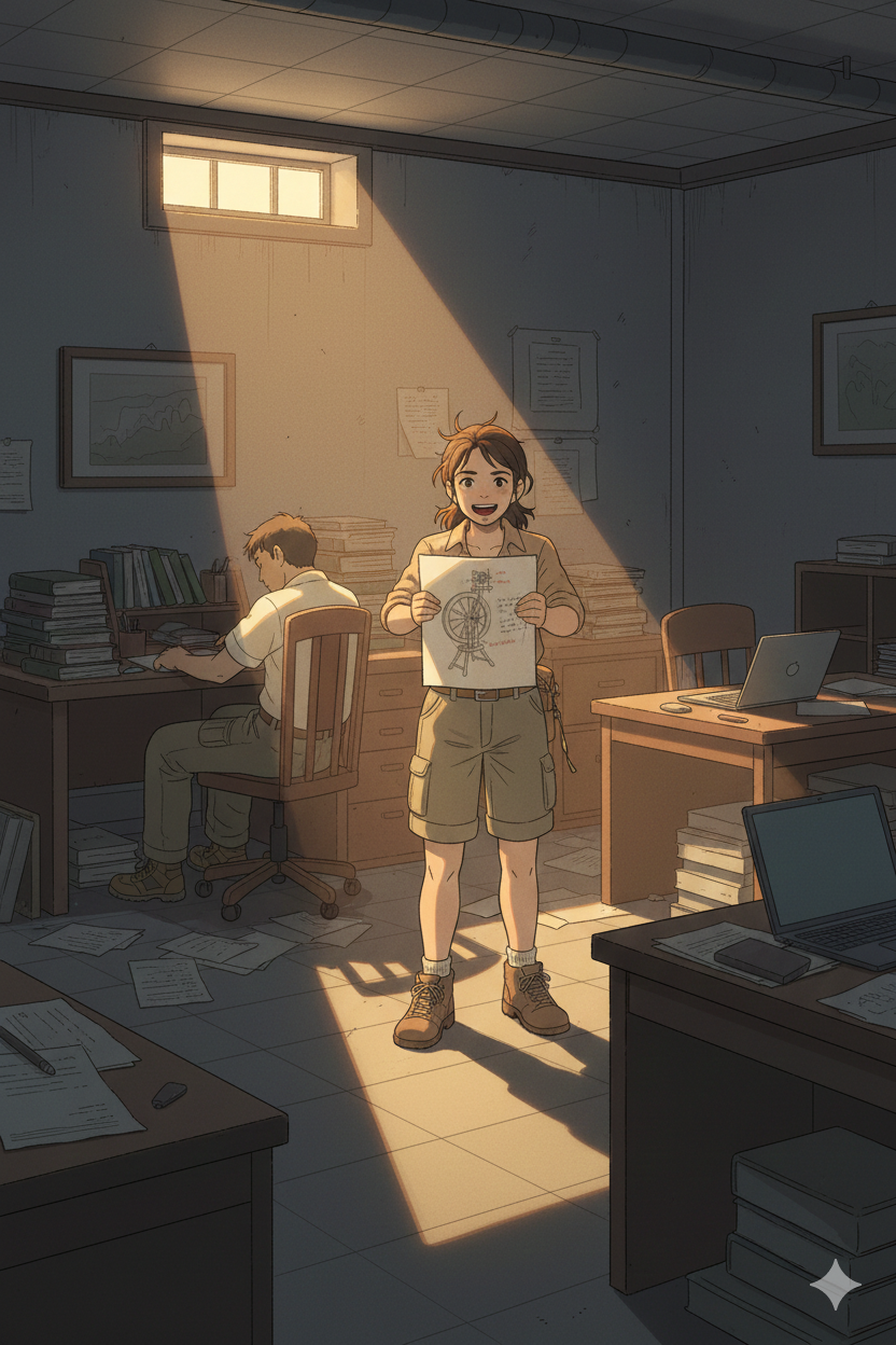 A young woman in a modern office holding up a blueprint of a spinning wheel, with a man working in the background.