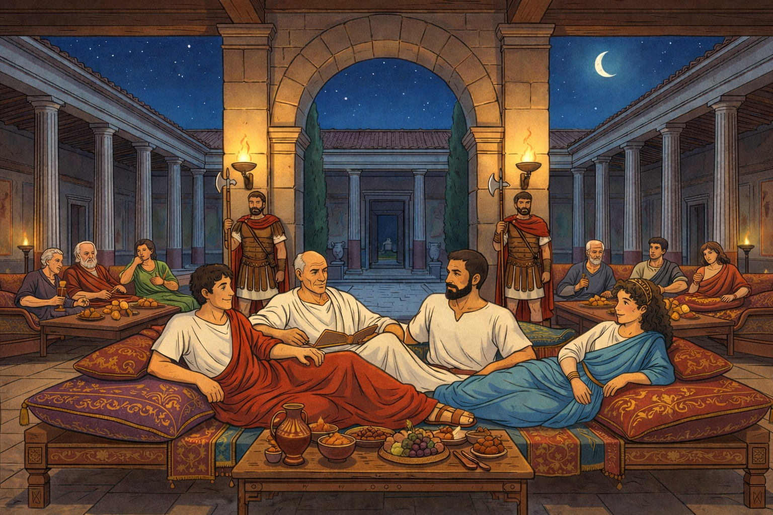 A group of Romans reclining on cushions in an ornate villa atrium at night, under a crescent moon.